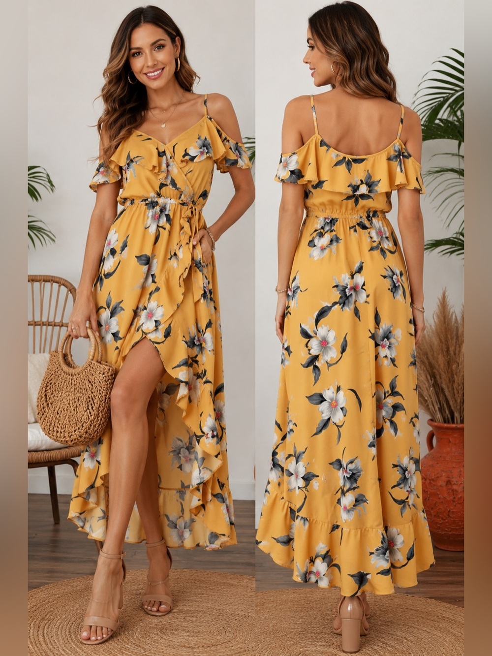 Blush Yellow Floral High-Low Ruffle Wrap Dress